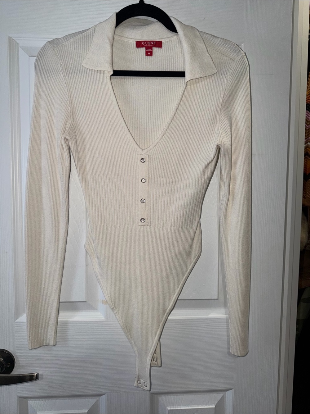 GUESS Cream Ribbed Long-Sleeve Collared V-Neck Bodysuit